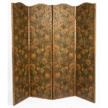 A LATE VICTORIAN EMBOSSED AND PAINTED CARD FOUR FOLD SCREEN with a studded leather border, decorated