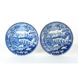 A PAIR OF 19TH CENTURY BLUE AND WHITE PRINTED PLATES decorated with figures fishing beside a