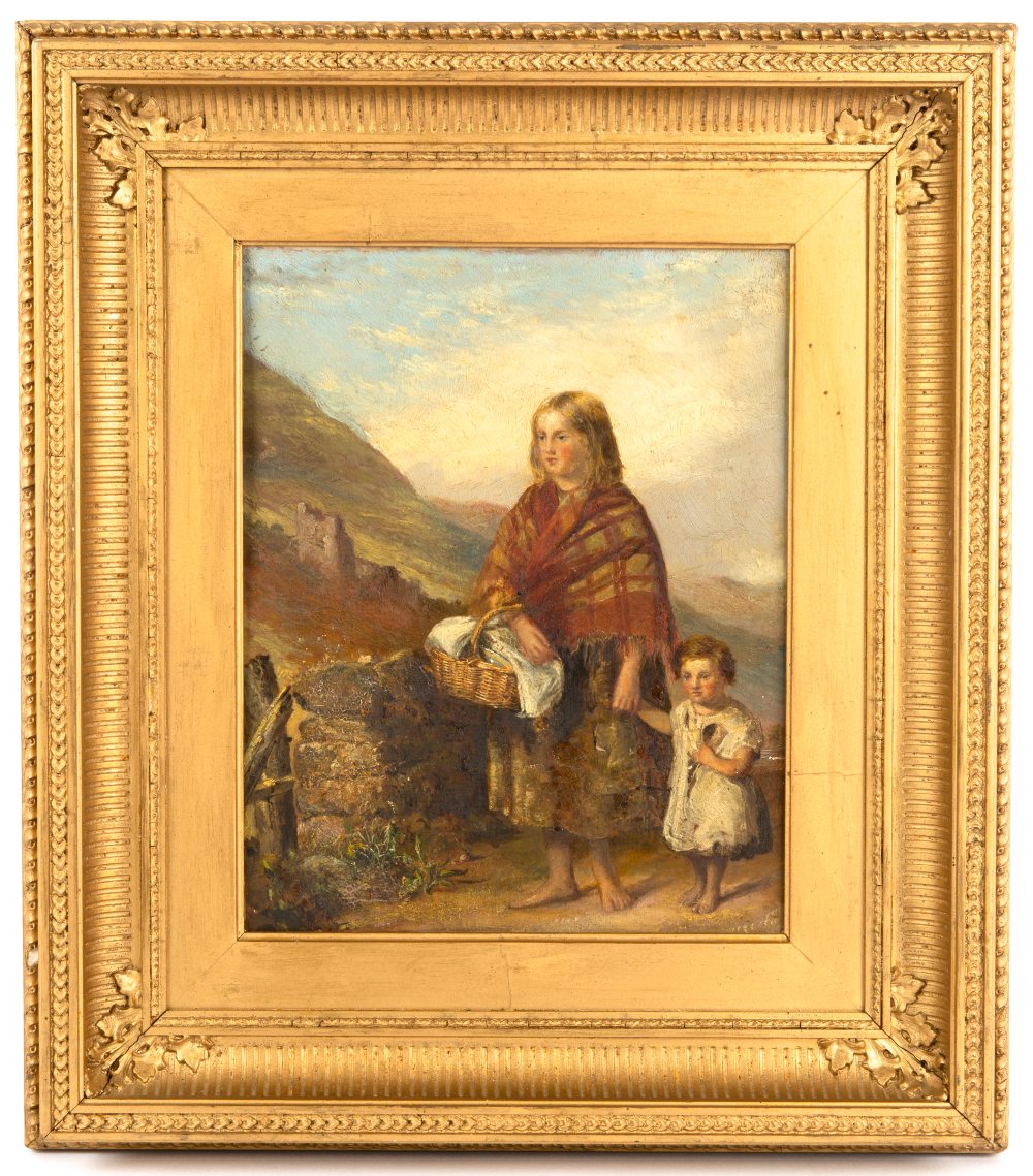 LATE 19TH CENTURY GIRL AND YOUNG CHILD on a mountain path, oil on board, 24.5cm x 19.5cm, mounted in - Image 7 of 8