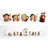 A COLLECTION OF CHARACTER JUGS AND ORNAMENTS to include two Waterford glass cats, a Royal Crown