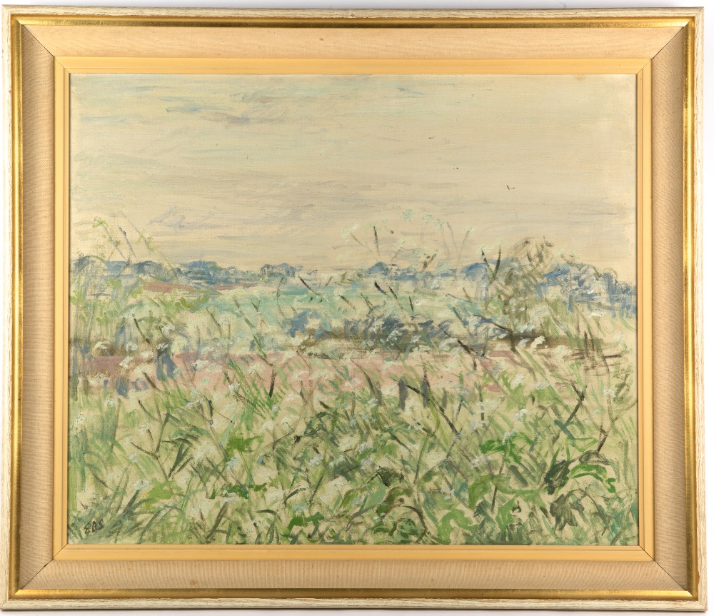 MID TO LATE 20TH CENTURY FIELD LANDSCAPE with flowers, oil on canvas, initialled EBS, 49cm x 60cm, - Image 2 of 4