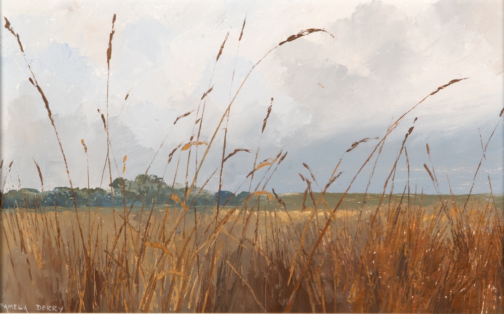 PAMELA DERRY (1932) Through the Grass, oil on board, 20.5cm x 33cm, framed, overall 38cm x 50.5cm