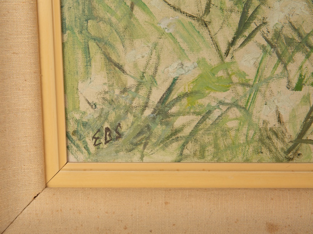 MID TO LATE 20TH CENTURY FIELD LANDSCAPE with flowers, oil on canvas, initialled EBS, 49cm x 60cm, - Image 3 of 4