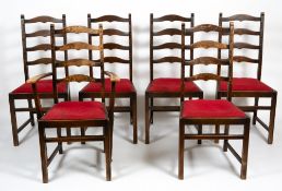 A SET OF SIX ERCOL LADDERBACK DINING CHAIRS with inset seats to include one carver, 61cm wide x 43cm