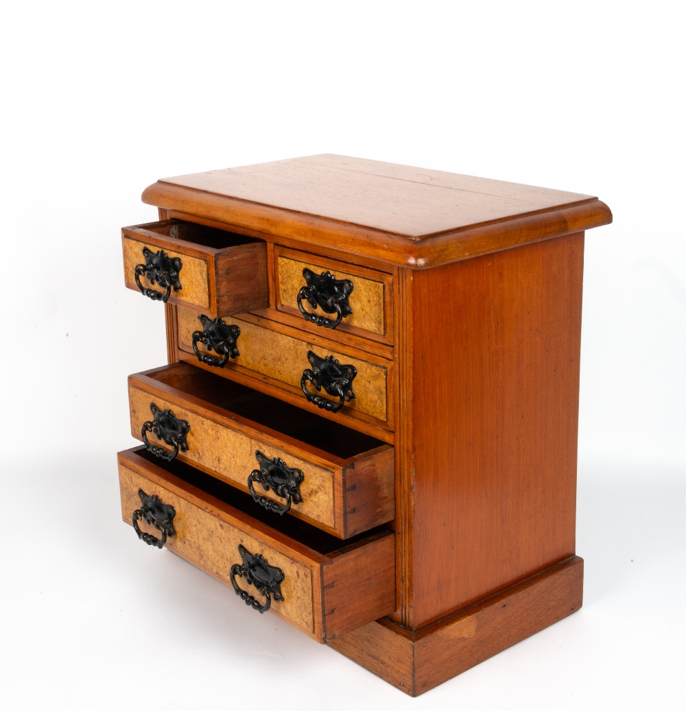 A WALNUT TABLE TOP MINIATURE CHEST OF TWO SHORT AND THREE LONG DRAWERS with burr walnut veneered - Image 5 of 5