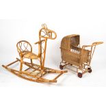 AN EARLY TO MID 20TH CENTURY BAMBOO AND WICKER ROCKING HORSE 107cm wide x 90cm high together with