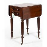 A WILLIAM IV MAHOGANY DROP FLAP WORK TABLE with two frieze drawers, turned knob handles, turned