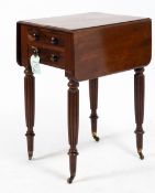 A WILLIAM IV MAHOGANY DROP FLAP WORK TABLE with two frieze drawers, turned knob handles, turned
