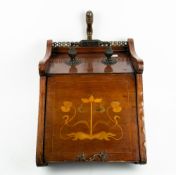 AN ART NOUVEAU MAHOGANY AND SATINWOOD INLAID COAL SCUTTLE with original liner, 35cm wide x 45cm deep