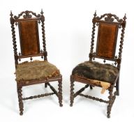 A PAIR OF 19TH CENTURY ROSEWOOD SIDE CHAIRS with barley twist supports, each 44cm wide x 41cm deep x