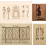 A PAIR OF FRAMED CHIPPENDALE FURNITURE ILLUSTRATION PLATES and a French mantle piece illustration
