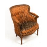 A LATE 19TH CENTURY ENGLISH CARVED BEECHWOOD UPHOLSTERED BERGERE ARMCHAIR 69cm wide x 60cm deep x