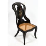 A VICTORIAN LACQUERED PAPIER MACHE CHAIR with inlaid mother of pearl and painted floral