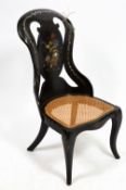 A VICTORIAN LACQUERED PAPIER MACHE CHAIR with inlaid mother of pearl and painted floral