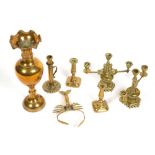 A COLLECTION OF BRASS WARE to include a pair of three branch candelabra, a Palmer & Co patent