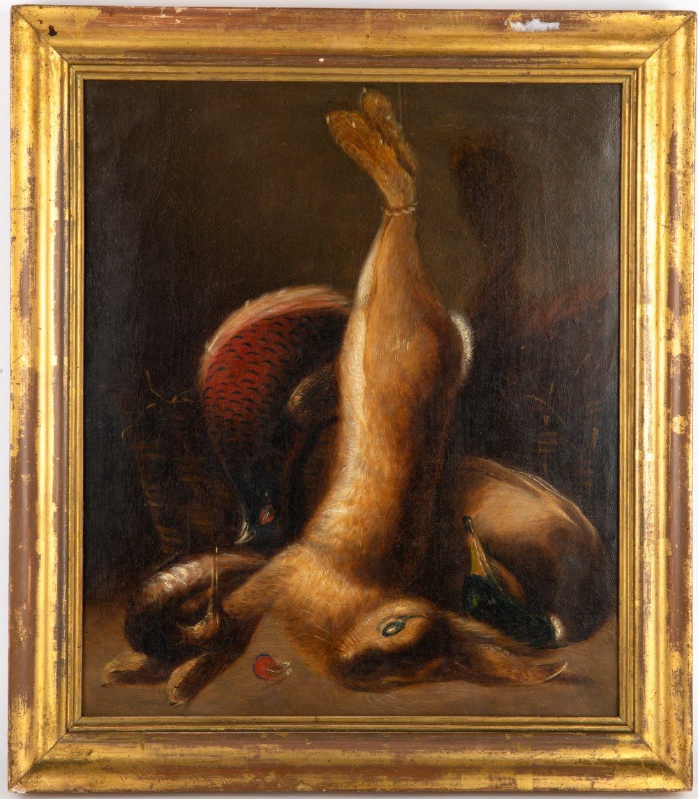 19TH CENTURY ENGLISH SCHOOL still life - a hare and game birds beside a wicker basket, oil on