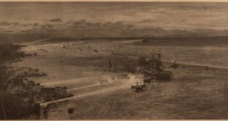 WILLIAM LIONEL WYLLIE (1851-1931) Battleships maneuvering around Scapa flow, print, published by