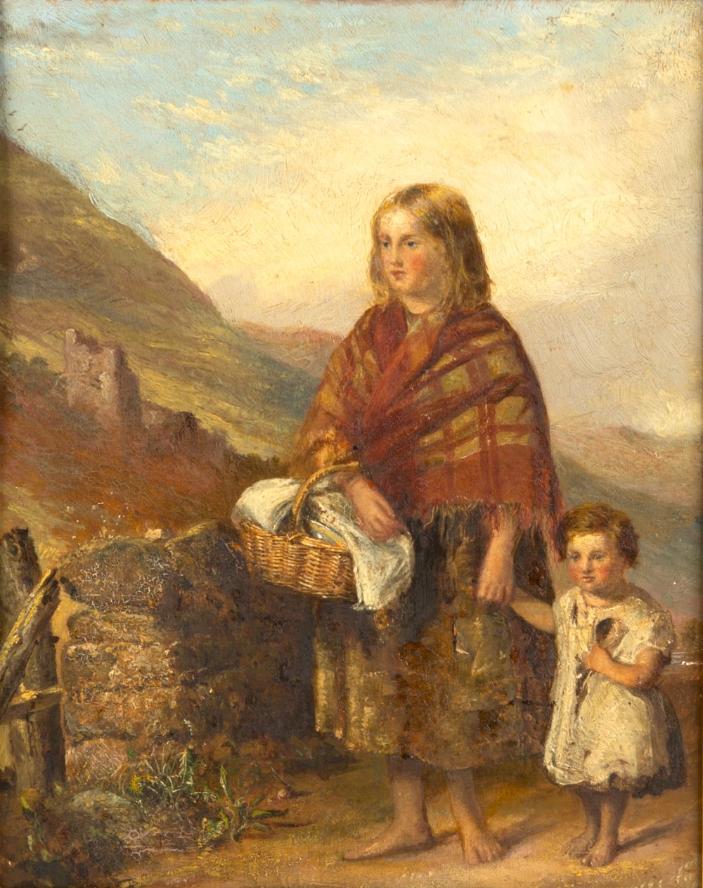 LATE 19TH CENTURY GIRL AND YOUNG CHILD on a mountain path, oil on board, 24.5cm x 19.5cm, mounted in - Image 8 of 8