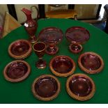 A SUITE OF VICTORIAN CRANBERRY GLASSWARE with gilt Greek key banded ornament consisting of a pair of