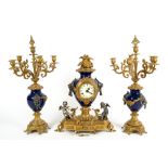 A LATE 20TH CENTURY GERMAN MADE FRENCH GARNITURE STYLE GILT METAL AND BLUE ENAMEL CLOCK with twin