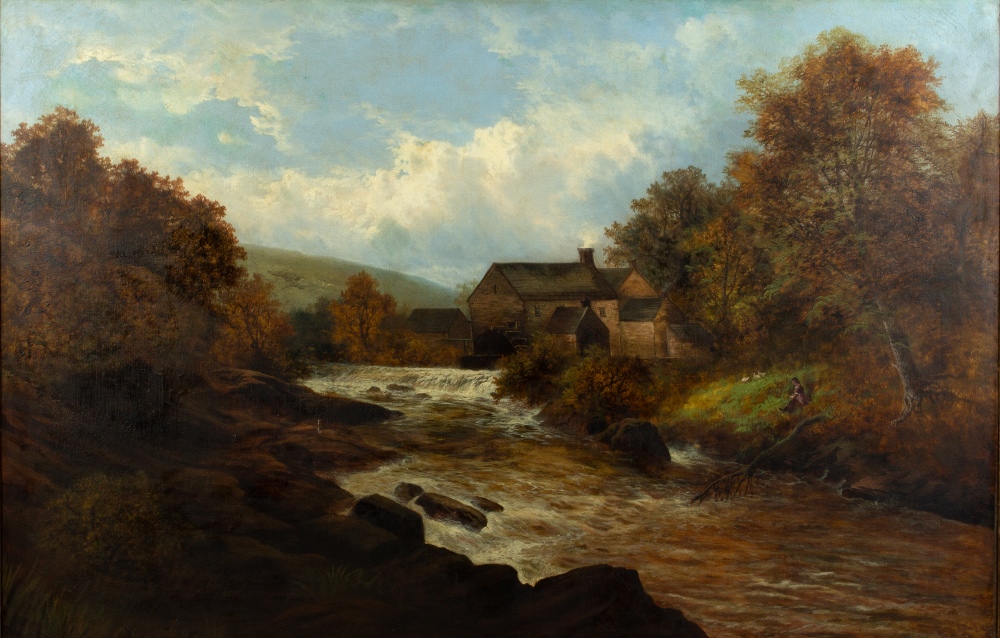 19TH CENTURY ENGLISH SCHOOL a river mill, oil on canvas, 75cm x 115cm, mounted in a gilded gesso