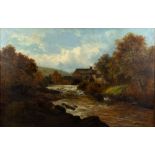 19TH CENTURY ENGLISH SCHOOL a river mill, oil on canvas, 75cm x 115cm, mounted in a gilded gesso