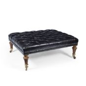 A LARGE RECTANGULAR BLACK LEATHER BUTTON UPHOLSTERED STOOL standing on carved turned tapering oak
