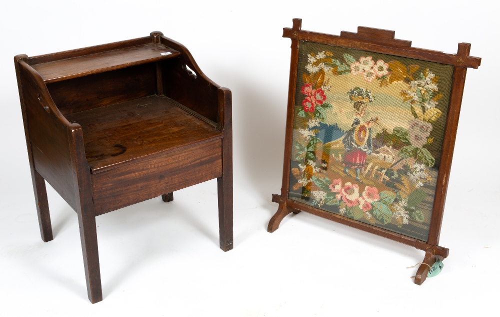 A 19TH CENTURY MAHOGANY COMMODE with side handles, a lifting lid and square legs, 56cm wide x 51cm