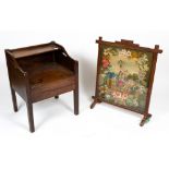 A 19TH CENTURY MAHOGANY COMMODE with side handles, a lifting lid and square legs, 56cm wide x 51cm