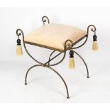 A METAL FRAMED STOOL with an upholstered seat and tassels, 58cm wide x 40cm deep x 53cm high At