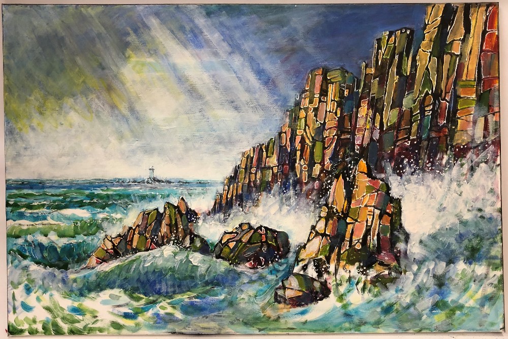 TIM WIDDOWSON (20TH CENTURY SCHOOL) Cliffs & Sea, Landsend, acrylic, signed lower right, 61cm x 92cm