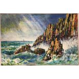 TIM WIDDOWSON (20TH CENTURY SCHOOL) Cliffs & Sea, Landsend, acrylic, signed lower right, 61cm x 92cm