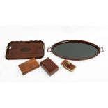 TWO BURR MAPLE BOXES, an ink blotter together with two Edwardian trays, the oval tray 72cm wide