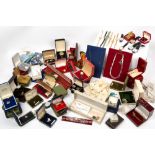 A COLLECTION OF ASSORTED SILVER PLATED JEWELLERY, simulated pearls, wristwatches and costume