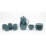 KRISTEN ROTH, ST IVES POTTERY blue glazed stoneware coffee set to include pot and cover, six cups