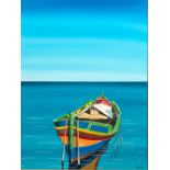 ILKIN DENIZ Wooden fishing boat on a turquoise sea, oil on canvas, 44cm x 59cm, mounted in a