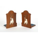 A PAIR OF 1920'S ROSEWOOD AND IVORY INLAID BOOKENDS depicting elephants, 10.2cm wide x 15cm high