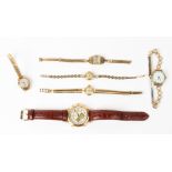 FIVE EARLY 20TH CENTURY AND LATER LADIES WRIST WATCHES to include a Smiths fifteen jewel with a 9