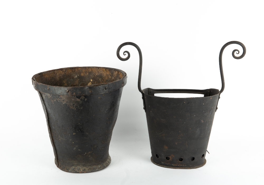 AN ANTIQUE LEATHER FIRE BUCKET 27cm diameter at the top x 26cm in height together with a 19th - Image 2 of 2