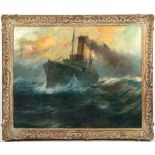 LARGE EARLY 20TH CENTURY MERCHANT'S SHIP AT SEA oil on canvas, 78.5cm x 99cm, mounted in a gilded
