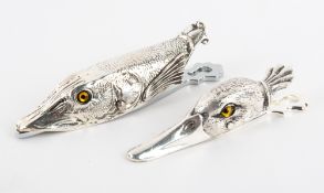 TWO MODERN SILVER PLATED LETTER CLIPS in the form of a pike and a duck, in the style of Sampson