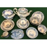 A SMALL GROUP OF 19TH CENTURY BLUE AND WHITE DOLL'S HOUSE TEA AND DINNER WARES
