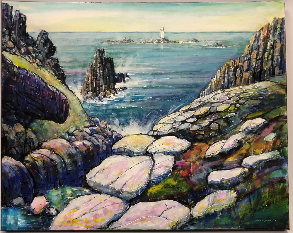 TIM WIDDOWSON (20TH CENTURY SCHOOL) Cliffs & Sea, Landsend, acrylic, signed lower right, 61cm x 92cm - Image 2 of 6
