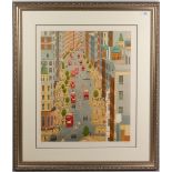 FRANCH LEDAN London street scene with buses, print, signed and numbered 6/35, 61cm x 50cm, framed