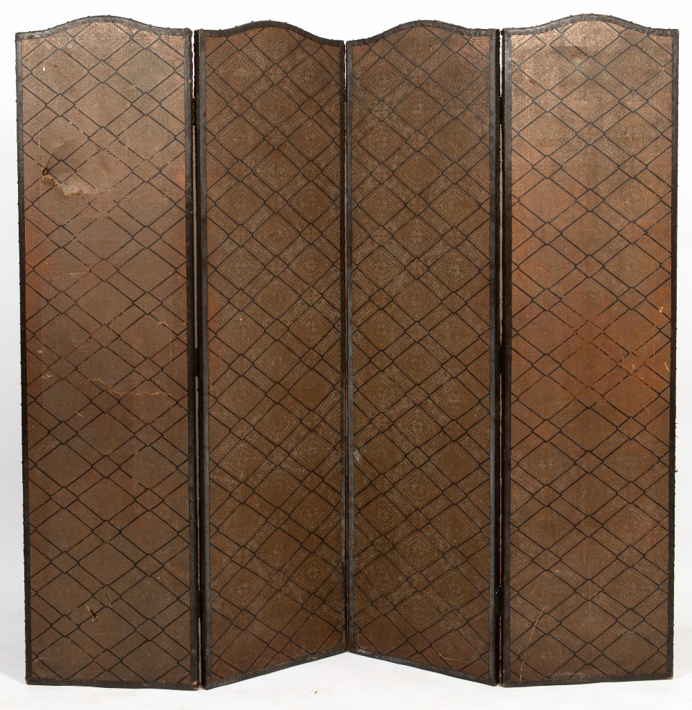A LATE VICTORIAN EMBOSSED AND PAINTED CARD FOUR FOLD SCREEN with a studded leather border, decorated - Image 3 of 4