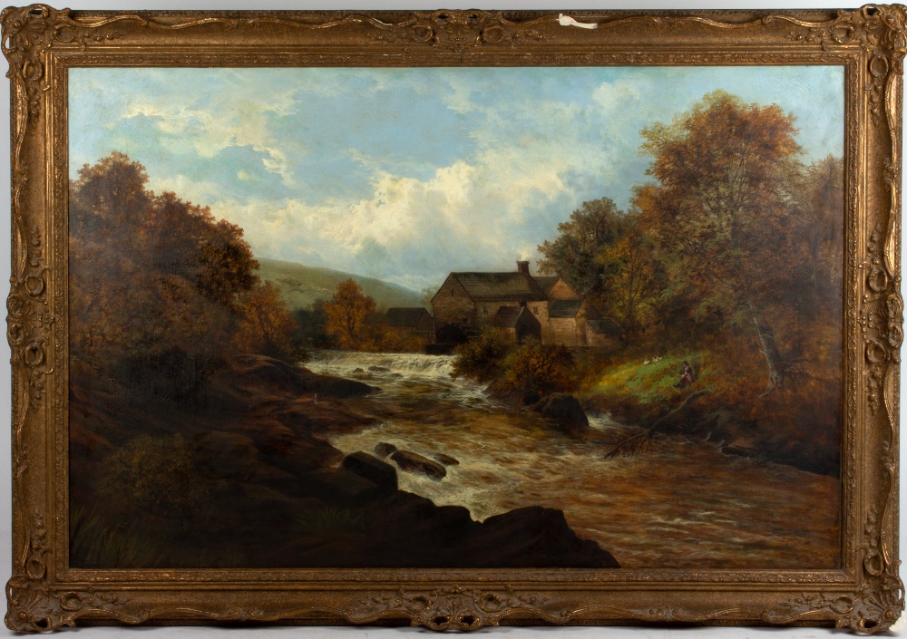 19TH CENTURY ENGLISH SCHOOL a river mill, oil on canvas, 75cm x 115cm, mounted in a gilded gesso - Image 2 of 5