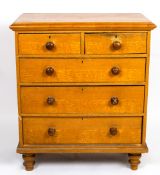 A VICTORIAN SCUMBLED PINE CHEST OF TWO SHORT AND THREE LONG DRAWERS with turned knob handles and