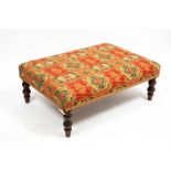 A LARGE MODERN UPHOLSTERED FOOT STOOL with four turned legs, 102cm wide x 72cm deep x 36cm high