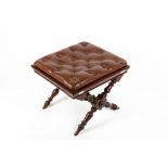 A 19TH CENTURY MAHOGANY X FRAMED STOOL with later brown leather button upholstered inset top, 47cm