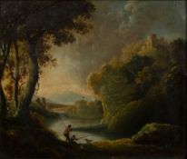 Circle of Richard Wilson (1714-1782) Pastoral landscape with fishermen to the foreground, oil on
